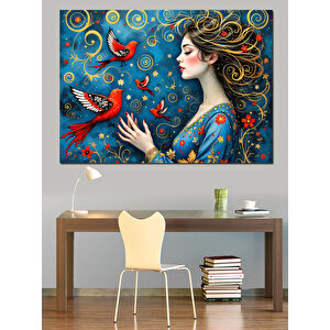 Renkli Kuş Ve Kadın Dekoratif Kanvas - Mdf Ahşap Tablo