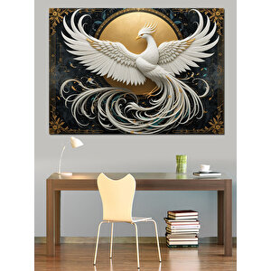 Altın Kanatlı Beyaz Anka Kuşu Dekoratif Kanvas - Mdf Ahşap Tablo 70x100 cm