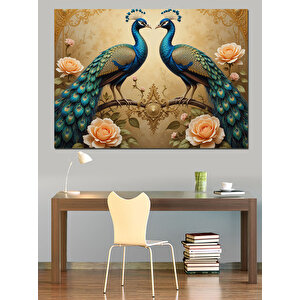 Çift Tavus Kuşu Kompozisyonu Dekoratif Kanvas - Mdf Ahşap Tablo 100x140 cm