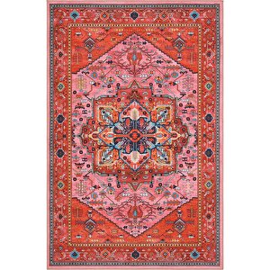 Beylerbeyi By 831 Kırmızı Pembe Etnik Desenli Otantik Salon Halısı Yıkanabilir Şönil Halı Çok Renkli