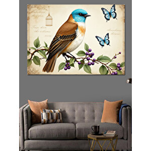 Daldaki Mavi Küçük Kuş Dekoratif Kanvas - Mdf Ahşap Tablo