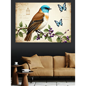 Daldaki Mavi Küçük Kuş Dekoratif Kanvas - Mdf Ahşap Tablo 70x100 cm