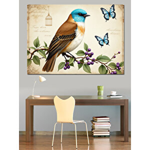 Daldaki Mavi Küçük Kuş Dekoratif Kanvas - Mdf Ahşap Tablo 100x140 cm
