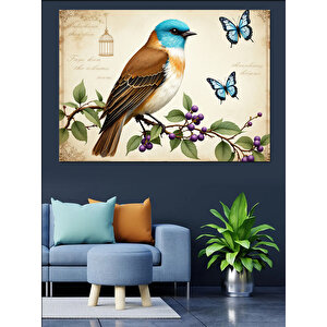 Daldaki Mavi Küçük Kuş Dekoratif Kanvas - Mdf Ahşap Tablo