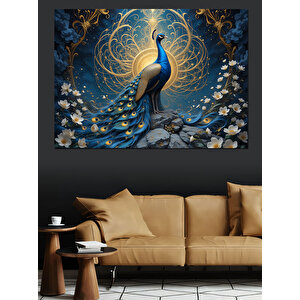 Altın Mavi Tavus Kuşu Dekoratif Kanvas - Mdf Ahşap Tablo 100x140 cm