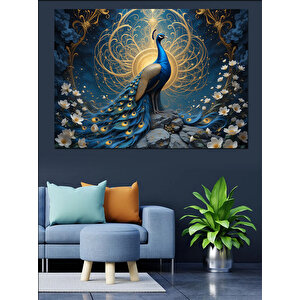 Altın Mavi Tavus Kuşu Dekoratif Kanvas - Mdf Ahşap Tablo 100x140 cm