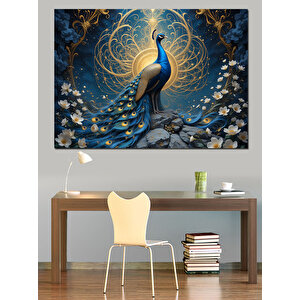 Altın Mavi Tavus Kuşu Dekoratif Kanvas - Mdf Ahşap Tablo