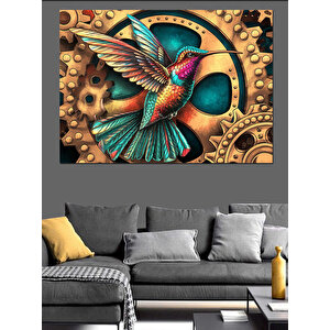 Dişli Arka Planlı Sinek Kuşu Dekoratif Kanvas - Mdf Ahşap Tablo 25x35 cm