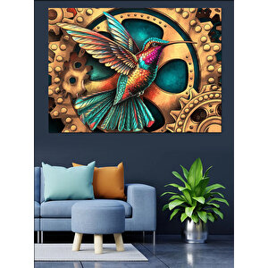 Dişli Arka Planlı Sinek Kuşu Dekoratif Kanvas - Mdf Ahşap Tablo