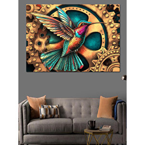 Dişli Arka Planlı Sinek Kuşu Dekoratif Kanvas - Mdf Ahşap Tablo 70x100 cm