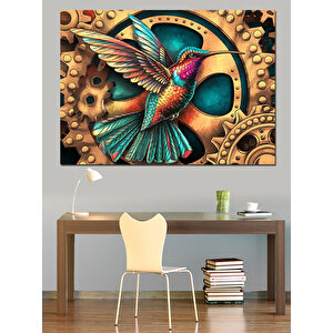 Dişli Arka Planlı Sinek Kuşu Dekoratif Kanvas - Mdf Ahşap Tablo 70x100 cm
