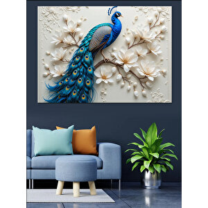 Beyaz Tavus Kuşu Kabartması Dekoratif Kanvas - Mdf Ahşap Tablo 35x50 cm