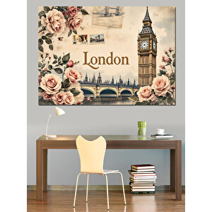 Güller Ve Londra Big Ben Dekoratif Kanvas - Mdf Ahşap Tablo 50x70 cm