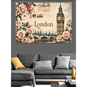 Güller Ve Londra Big Ben Dekoratif Kanvas - Mdf Ahşap Tablo