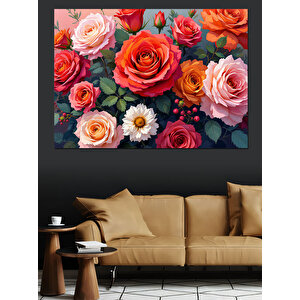 Kırmızı Ve Pembe Güller Dekoratif Kanvas - Mdf Ahşap Tablo 35x50 cm