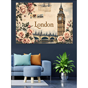 Güller Ve Londra Big Ben Dekoratif Kanvas - Mdf Ahşap Tablo 100x140 cm
