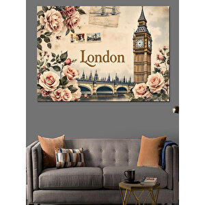 Güller Ve Londra Big Ben Dekoratif Kanvas - Mdf Ahşap Tablo 100x140 cm