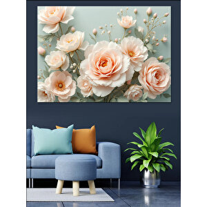 Mavi Fondaki Beyaz Güller Dekoratif Kanvas - Mdf Ahşap Tablo