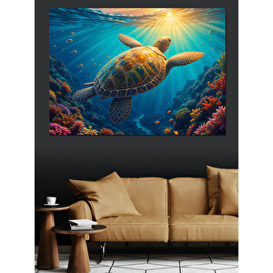Derinlikte Yüzücü Deniz Kaplumbağası Dekoratif Kanvas - Mdf Ahşap Tablo 70x100 cm