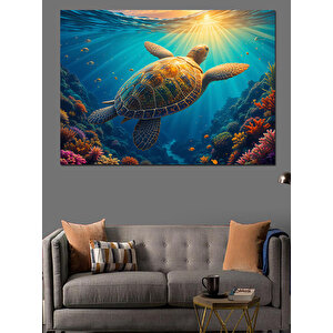 Derinlikte Yüzücü Deniz Kaplumbağası Dekoratif Kanvas - Mdf Ahşap Tablo 70x100 cm