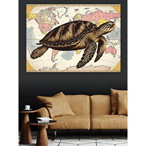 Harita Üstünde Yürüyen Kaplumbağa Dekoratif Kanvas - Mdf Ahşap Tablo 50x70 cm