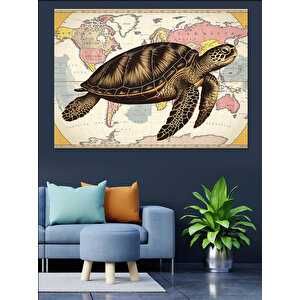 Harita Üstünde Yürüyen Kaplumbağa Dekoratif Kanvas - Mdf Ahşap Tablo 50x70 cm