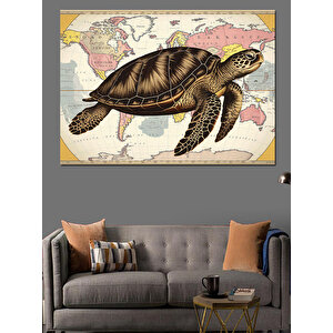 Harita Üstünde Yürüyen Kaplumbağa Dekoratif Kanvas - Mdf Ahşap Tablo 50x70 cm