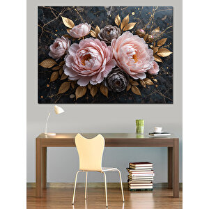Altın Yapraklı Pembe Güller Dekoratif Kanvas - Mdf Ahşap Tablo 50x70 cm