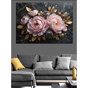 Altın Yapraklı Pembe Güller Dekoratif Kanvas - Mdf Ahşap Tablo 50x70 cm
