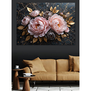 Altın Yapraklı Pembe Güller Dekoratif Kanvas - Mdf Ahşap Tablo 50x70 cm