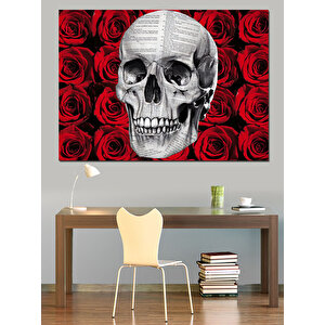 Kırmızı Güller İçinde Kafatası Dekoratif Kanvas - Mdf Ahşap Tablo
