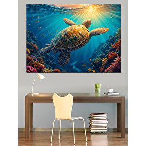 Derinlikte Yüzücü Deniz Kaplumbağası Dekoratif Kanvas - Mdf Ahşap Tablo