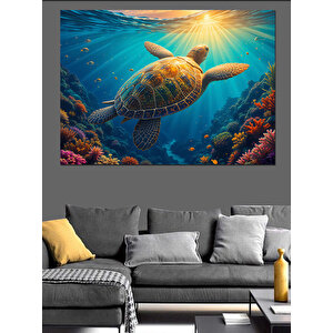 Derinlikte Yüzücü Deniz Kaplumbağası Dekoratif Kanvas - Mdf Ahşap Tablo