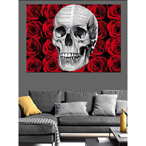 Kırmızı Güller İçinde Kafatası Dekoratif Kanvas - Mdf Ahşap Tablo 100x140 cm