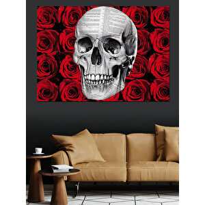 Kırmızı Güller İçinde Kafatası Dekoratif Kanvas - Mdf Ahşap Tablo 100x140 cm