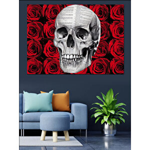 Kırmızı Güller İçinde Kafatası Dekoratif Kanvas - Mdf Ahşap Tablo 100x140 cm