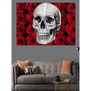 Kırmızı Güller İçinde Kafatası Dekoratif Kanvas - Mdf Ahşap Tablo