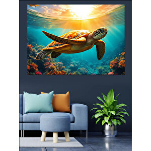 Denizaltında Yüzen Deniz Kaplumbağası Dekoratif Kanvas - Mdf Ahşap Tablo
