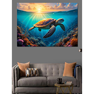 Denizaltında Yüzen Kaplumbağa Dekoratif Kanvas - Mdf Ahşap Tablo 70x100 cm