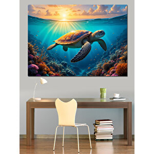 Denizaltında Yüzen Kaplumbağa Dekoratif Kanvas - Mdf Ahşap Tablo 70x100 cm