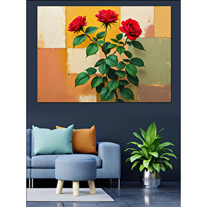 Duvar Önünde Kırmızı Güller Dekoratif Kanvas - Mdf Ahşap Tablo