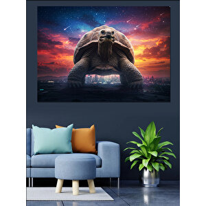 Dev Kaplumbağa Ve Şehir Dekoratif Kanvas - Mdf Ahşap Tablo 100x140 cm