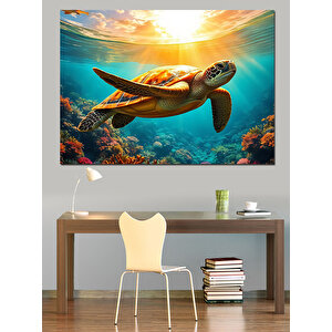 Denizaltında Yüzen Deniz Kaplumbağası Dekoratif Kanvas - Mdf Ahşap Tablo 70x100 cm