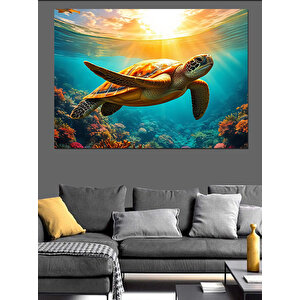 Denizaltında Yüzen Deniz Kaplumbağası Dekoratif Kanvas - Mdf Ahşap Tablo 70x100 cm
