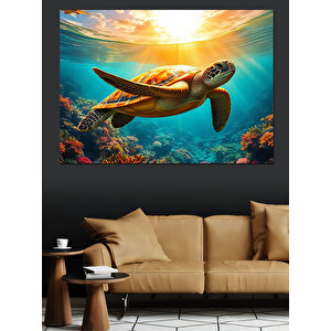 Denizaltında Yüzen Deniz Kaplumbağası Dekoratif Kanvas - Mdf Ahşap Tablo 70x100 cm