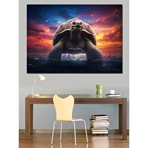 Dev Kaplumbağa Ve Şehir Dekoratif Kanvas - Mdf Ahşap Tablo