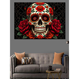 Güller İçinde Şeker Kafatası Dekoratif Kanvas - Mdf Ahşap Tablo