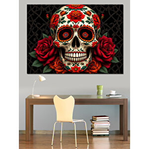 Güller İçinde Şeker Kafatası Dekoratif Kanvas - Mdf Ahşap Tablo