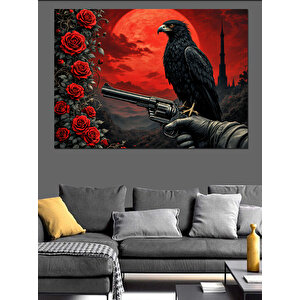 Kırmızı Güller Ve Karga Dekoratif Kanvas - Mdf Ahşap Tablo 70x100 cm