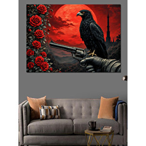 Kırmızı Güller Ve Karga Dekoratif Kanvas - Mdf Ahşap Tablo